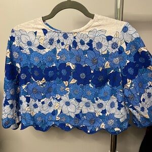 FARM Rio Blue Boxy Crop Blouse with 3/4 Sleeves